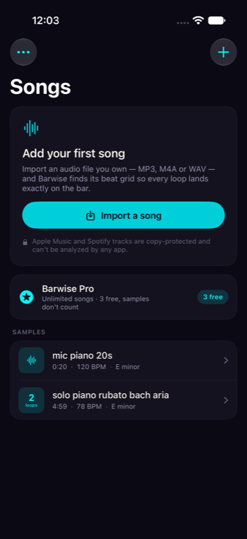 The Barwise song library, showing imported songs with tempo, key and how many loops each has.