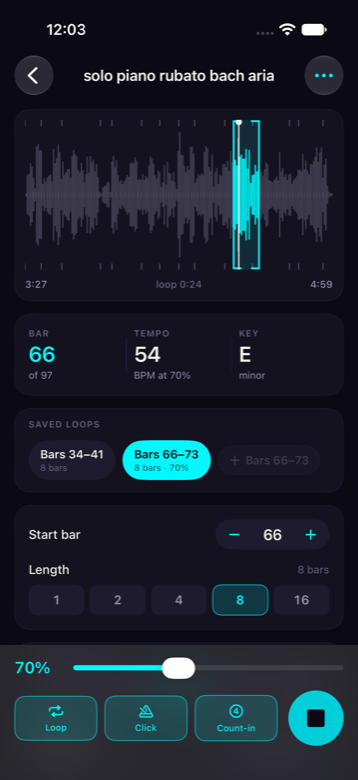 The Barwise player showing a waveform with an eight-bar loop highlighted, two saved loops, and playback at 70% speed.