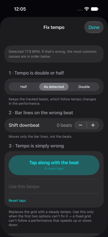 The tempo correction screen, offering half or double tempo, a downbeat shift, and tap tempo.